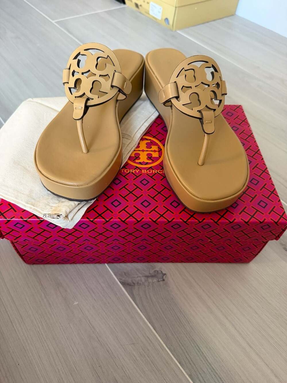 Tory Burch Miller Wedge Sandal 25mm in Ginger Shortbread Calf Leather